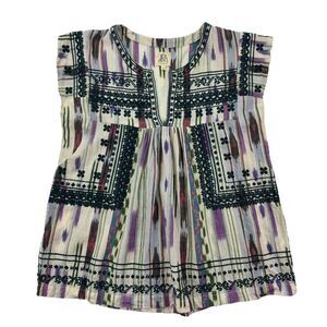 dRA Los Angeles Boho Embroidered Tunic Top S Striped Ikat Festival 100% Cotton